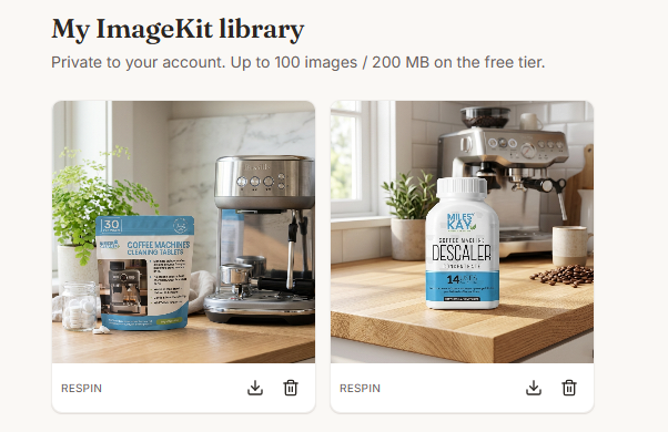 ReadyCode ImageKit library showing saved AI-generated product photos