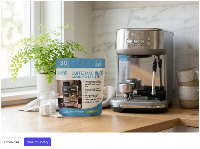 AI-generated lifestyle scene: cleaning tablets beside a Breville espresso machine